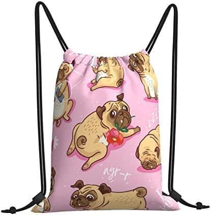 marat Karikatür Bej Puppies Pugs Unisex İpli sırt çantası Polyester Toplu Dize Çanta Su Geçirmez Sırt Çantası İçin Spor Salonu