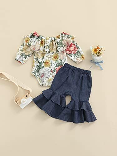 sshybmne Bebek Bebek Kız Giysileri Kıyafetler 2 ADET Çiçek Baskı Fırfır Yaka Uzun Kollu Kapalı Omuz Romper + Flare Pantolon