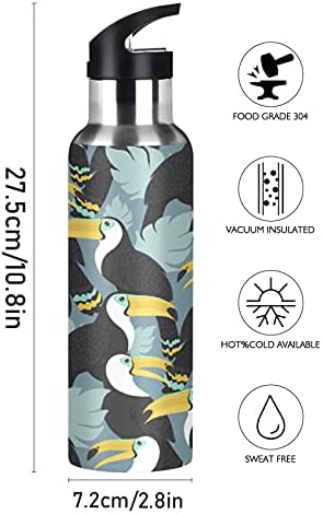 Kuş Toucan Tropikal Yapraklar Spor Su Şişesi 20 oz Vakum Paslanmaz Çelik içme şişesi BPA Ücretsiz Sızdırmaz Seyahat Kupa Koşu
