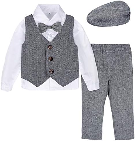 A & J TASARIM Bebek Erkek Beyefendi Takım Elbise Seti, 4 adet Kıyafetler Gömlek ve Yelek ve Pantolon ve Bereliler Şapka