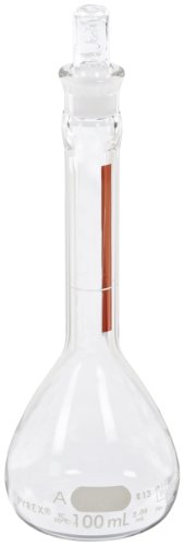 Corning Pyrex Borosilikat Cam A Sınıfı Düz Tabanlı Ömür Boyu Kırmızı Volumetrik Flask, Camlı Standart Konik Tıpa, 25ml Kapasite