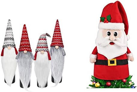 D-FantiX Noel Gnome Şarap Şişesi Kapakları 4 Paket + Noel Baba Noel Ağacı Topper, 33.4 İnç Büyük Noel Ağacı Topper