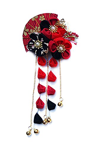 CRB Moda Bayan Kız Japon Kimono Çiçek Kanzashi saç süsü Kravat Bandı Klip (Kırmızı / Siyah)