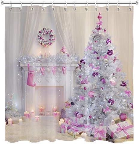 LB Merry Christmas Duş Perdesi Noel Ağaçları Pembe Topları ile Kaplı Hediyeler Şömine Duş Perdesi Kanca Kış Banyo Perde Seti