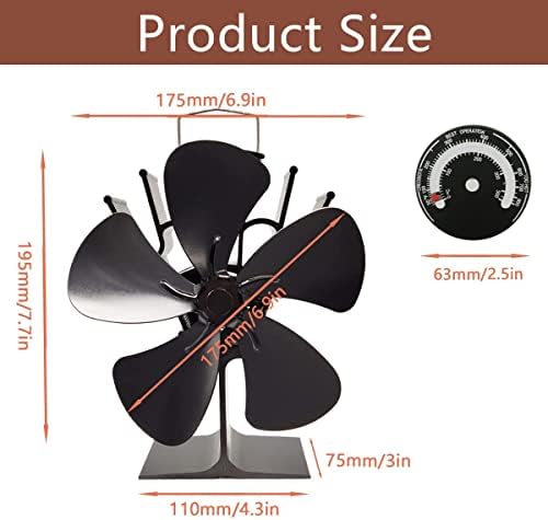 Ultra Sessiz Şömine Fanı Termometreli 5 Bıçaklı Odun Sobası Fanı, Odun Sobası için Sessiz ısı ile Çalışan Soba Fanı, Sıcak/Isıtılmış