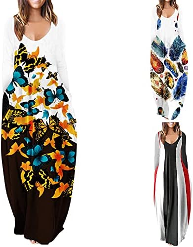 TİMİFİS Maxi Elbiseler Kadınlar için Güz Uzun Kollu Plaj Elbise Gevşek V Boyun Elbise Moda Baskı Güneş Elbise ile Cepler