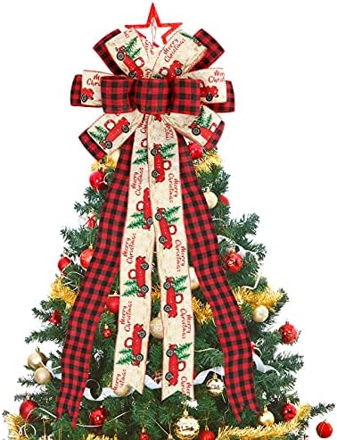 Noel Ağacı Topper Yay, Kırmızı Buffalo Ekose Ağacı Toppers Noel Süslemeleri, büyük Yaylar Noel Ağacı Süsler Ev Çiftlik Dekor