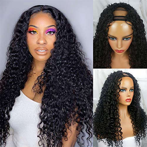 U Parçası Peruk insan saçı peruk Siyah Kadınlar ıçin Batı Öpücük Saç Kıvırcık Dalga Peruk 180 % Yoğunluk Brezilyalı Derin Kıvırcık