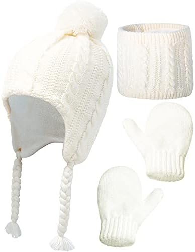 KMOLY Yürümeye Başlayan Kış şapka Seti Kızlar Polar Astarlı Örme Şapka Eşarp ve Eldivenler bebeğin Sıcak Kış Kap Sıcak Kış Kulaklığı