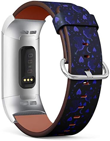 Fitbit Charge 3/3 SE ile Uyumlu - Deri Bileklik Bileklik Yedek Aksesuar Bandı (Adaptör İçerir) - Tek Boynuzlu Atlar Yıldız Kalpleri