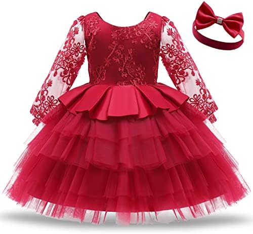 NNJXD Kızların Tül Çiçek Prenses Düğün Uzun Kollu Elbise Toddler ve Bebek Kız Elbisesi için