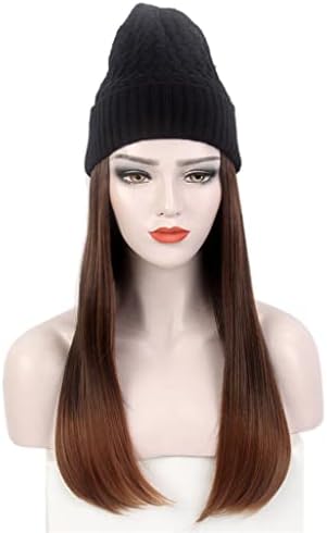 KLHHG Moda Avrupa ve Amerikan Bayanlar Saç Şapka Bir Siyah Örme Şapka Peruk Uzun Düz Kahverengi Peruk Şapka Bir