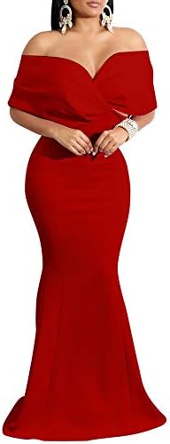 GOBLES Kadınlar Seksi V Boyun Kapalı Omuz Gece elbisesi Fishtail Maxi Elbise
