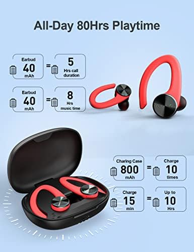 Kablosuz Kulaklıklar, TTQ Bluetooth Kulaklıklar, Şarj Kılıflı Bluetooth 5.2 Spor Kulaklıkları 80H Oynatma, Kulak Kancalı Su Geçirmez