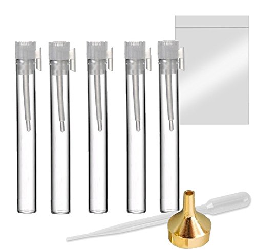 Grand Parfums Uzun 1.5 ml Büyük Boş Cam Parfüm/Kolonya Örnek Şişeler Zip Kilit Çanta ve Metal Huni ile 1/4 Dram 1/32 oz Toplu