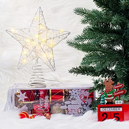 MİİFUNY noel ağacı Topper yıldız, 20 LED ışıkları Noel ağacı süsler pil Işletilen parlak yıldız ağacı Topper ile doğal pamuk
