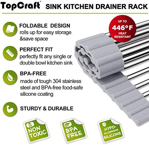 TopCraft Roll-Up bulaşık kurutma rafı, 17 x 13.2 Çok Amaçlı Katlanabilir mutfak lavabo rafı Mat 304 Paslanmaz Çelik kuru Raf