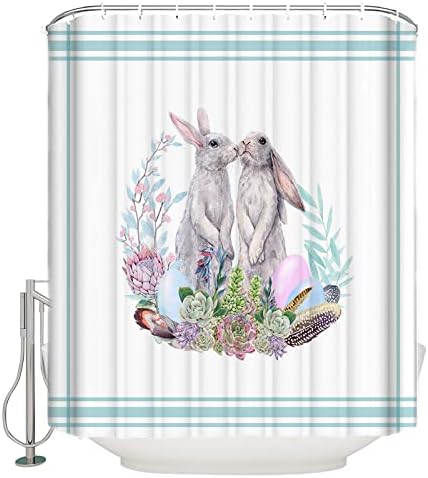 Savannan Duş Perdesi Paskalya Tavşanı Renkli Yumurta Bahar Suluboya Çiçek Bitkiler Stripes Su Itici Polyester Kumaş Perde Banyo