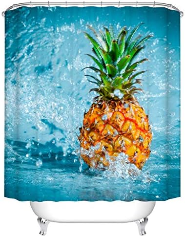 Fangkun Tropikal Ev Banyo Dekor Duş Perdesi-Ananas Tasarım Sarı Polyester Kumaş Banyo Perdeleri Setleri-12 Duş Kanca-72x72 inç