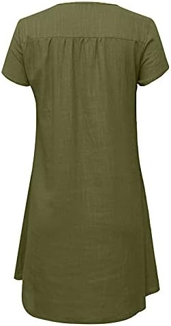 Kadınlar için rahat yaz elbisesi, Vintage Pamuk Keten V Yaka Kısa Kollu Elbise Artı Boyutu Gevşek Katı Mini Shift Elbise