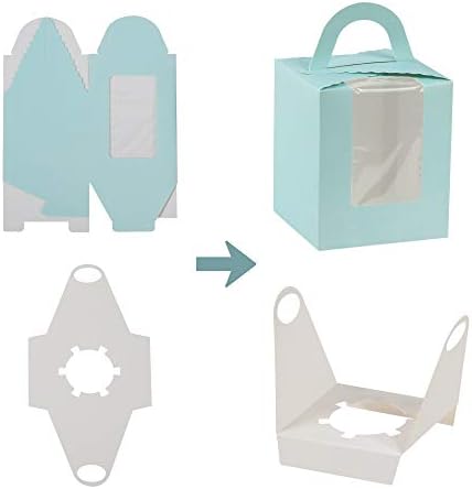 25 Paket Cupcake Taşıyıcı Saplı ve PVC Pencereli Mavi Cupcake Kutuları, Doğum Günü ve Parti için Tek Cupcake Tutucu Şeker Kutuları