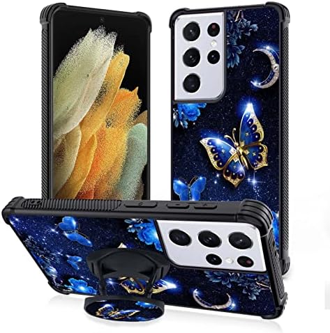 MOWİME ile Uyumlu Samsung Galaxy S21 Ultra 5G Kılıf 6.8 İnç Katlanır Standı ile, Orkide Kelebek Sevimli Ultra-İnce Dayanıklı