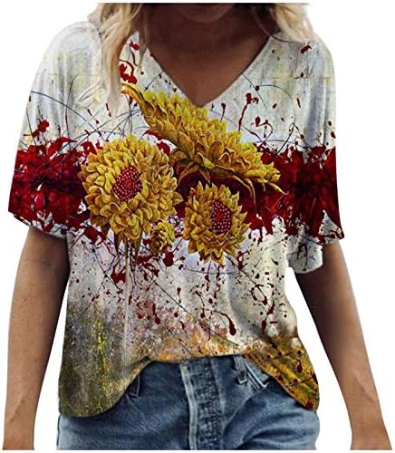 UNBRUVO kadın Kısa Kollu Tunik Üstleri V Boyun Renkli Çiçek Baskılı Tees Gömlek Casual Rahat Bluzlar Tops