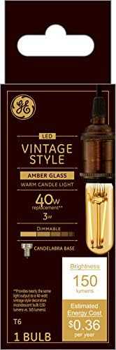 GE Vintage T6 Amber Cam LED Ampul, 40 Watt Değiştirme, Sıcak Mum, Kısılabilir, Şamdan Tabanı, 1'li Paket
