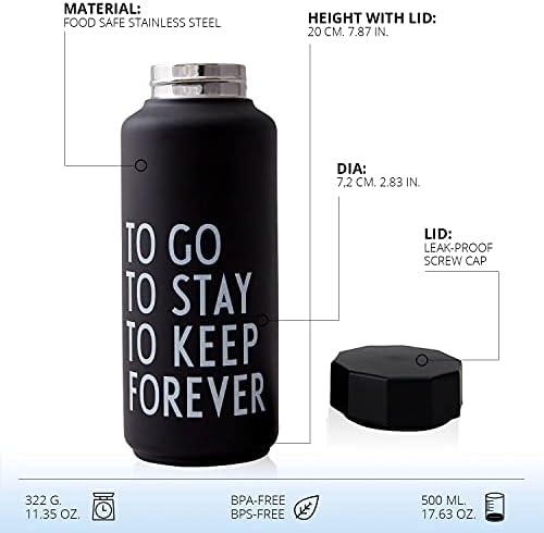 Tasarım Mektupları Paslanmaz Çelik Su Şişesi 500ml Siyah-BPA İçermeyen Çift Duvarlı Vakum Termos şişesi, 12 saat Sıcak ve 24