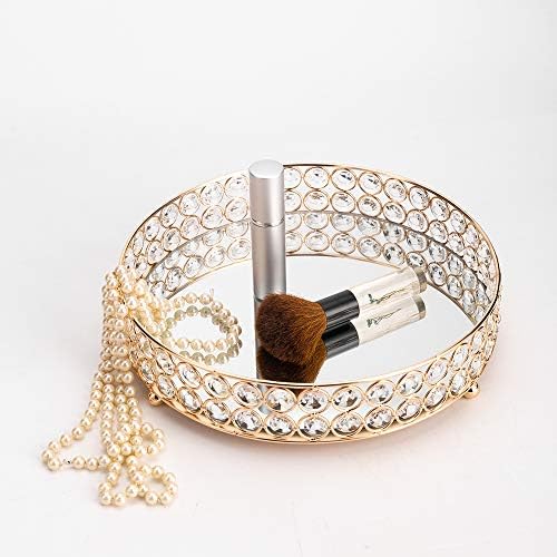 VINCIGANT Altın Aynalı Kristal Vanity Tepsi için Dressers-Yuvarlak Dekoratif Hizmet Tepsi için Parfüm, Takı ve Makyaj (10 inç