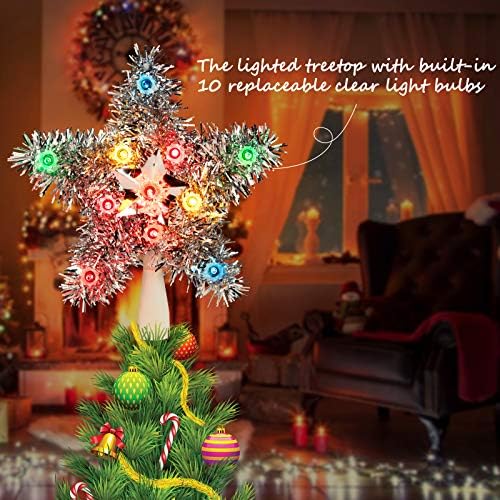 Tinsel çelenk ağacı Topper ile 10 Mini ışıkları, 8 renkli yıldız Noel ağacı üst kapalı açık ofis tatil süslemeleri için (renkli)