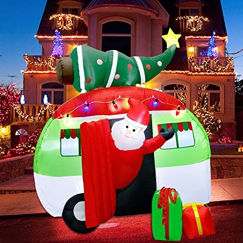 ATDAWN 7 ft Noel Şişme Noel Baba Noel Ağacı ve Hediye Kutuları ile bir Araba Sürüş, Havaya Uçurmak Işıklı bahçe dekorasyonu,