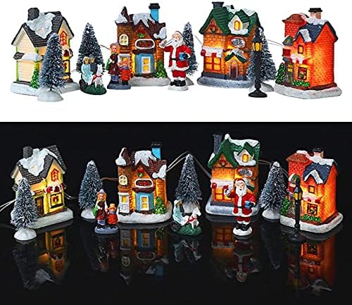 Xiayizhan 4 Adet Noel Köyü Setleri, noel Köyü Koleksiyonu Kapalı Oda Dekor Tahsil Binalar Noel Kilisesi ve Ev ışık-up Noel Köyü