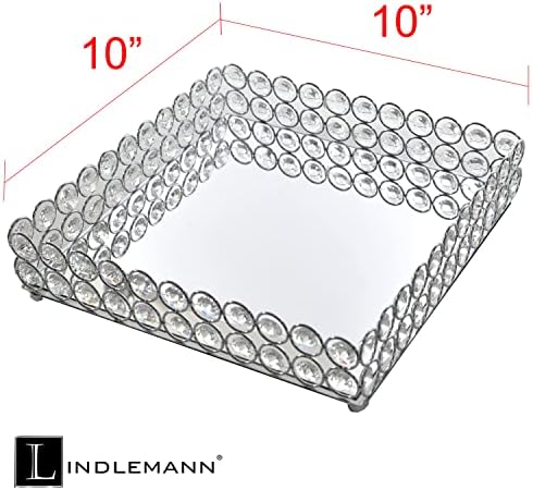 Lindlemann Aynalı Kristal Makyaj Tepsisi-Parfüm, Takı ve Makyaj için Süslü Dekoratif Tepsi (Kare, 10 inç, Gümüş)