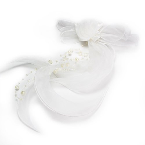 Kapalı Beyaz Çiçek Kız Communion Peçe Şerit Yay Boncuklu Başlığı