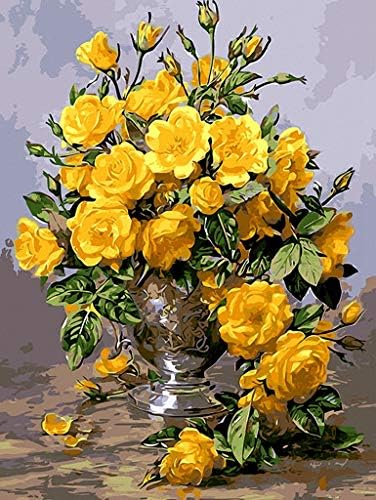 Sarı Güller Urn El Boyalı Tasarım İğne Tuval A00161 (18CT Mono Deluxe, 12 X 15)
