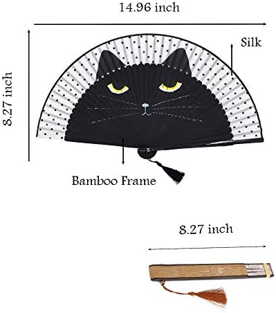 SeeSky 2 Parça Kedi Katlanır Fanlar El Fanlar ile Bambu Çerçeve ve İpek Fan yüz, güzel Kedi Desen Kendinizi Soğutma için, parti