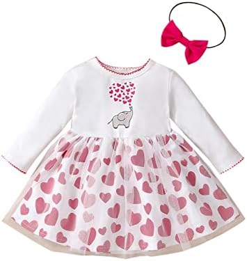 Bebek Bebek Kız Sevgililer Günü Kıyafet Fil Kalp Baskı Tül Elbise Toddler Prenses Uzun Kollu Tutu Elbise