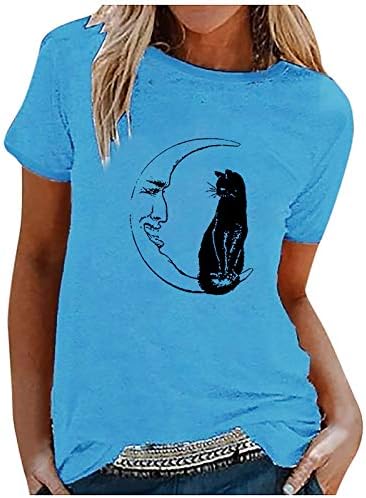 Moda Yaz Üstleri Kadın Rahat O Boyun Kısa Kollu Ay Kedi Baskı T-Shirt Gevşek Tunik Bluz Artı Boyutu Bahar Tee Gömlek