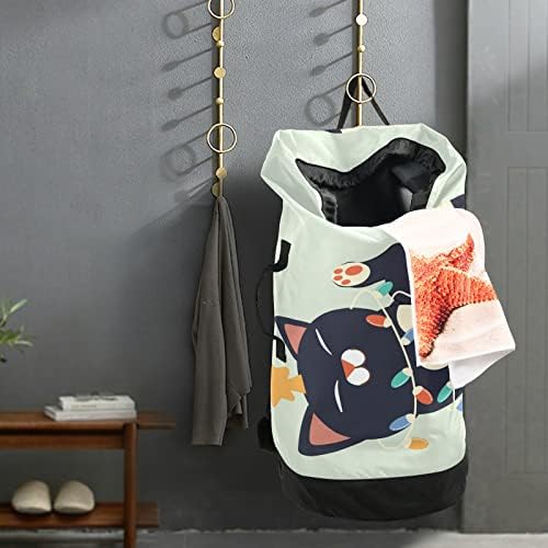 Sevimli Kedi Noel Ampul çamaşır Torbası Sırt Çantası Ağır çamaşır torbası Omuz Askıları ile Seyahat çamaşır torbası Katlanabilir
