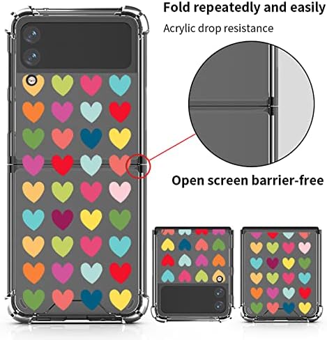 Burmcey Samsung Galaxy Z Flip 3 Kılıf ile Uyumlu Temizle Renkli Aşk Kalp Ince Dört Köşe Hava Yastıkları Şok Emici Damla Dayanıklı