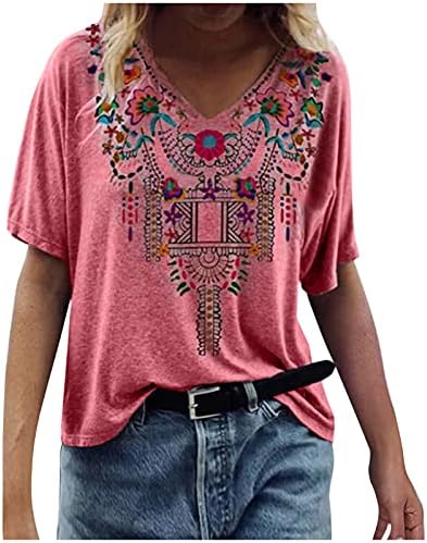 Kadınlar için Tops Yaz O Boyun Kısa Kollu Gevşek Tunik Bluz T - Shirt Vintage Etnik Baskı Rahat T-Shirt Bahar Tee Gömlek