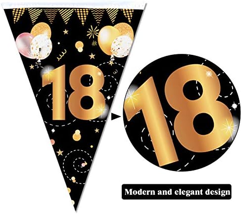 HOWAF Mutlu 18th Doğum Günü Banner Bunting Bayrak Üçgen Banner Altın ve Siyah Glitter 13th Doğum Günü Yıldönümü Parti Dekorasyon