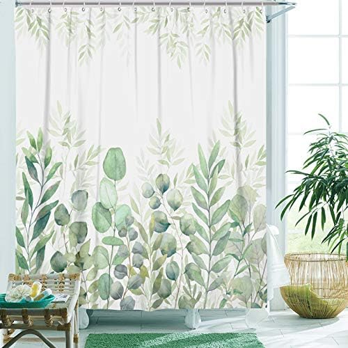 AMM Yeşil ve Beyaz Duş Perdesi, Banyo için Kumaş Duş Perdeleri, 12 Kancalı Bitki Yaprakları Duş Perdesi Setleri 72 ×72 (Yeşil)